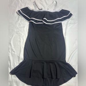 Off-Shoulder Black Ruffle Hem Dress with White Trim